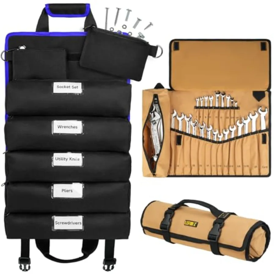 

Большая сумка-органайзер для инструментов 2-в-1 с 23+1 карманами для метрических и дюймовых ключей, сверхпрочный рулонный органайзер для хранения инструментов