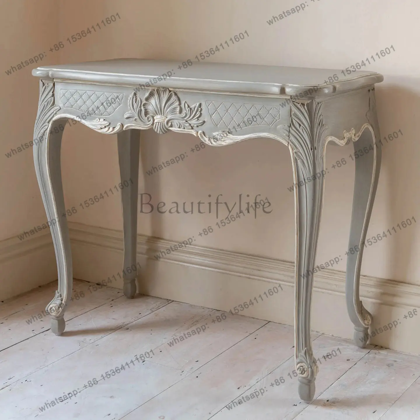 French vintage distressed small apartment dressing table, American solid wood carved with drawer entrance table