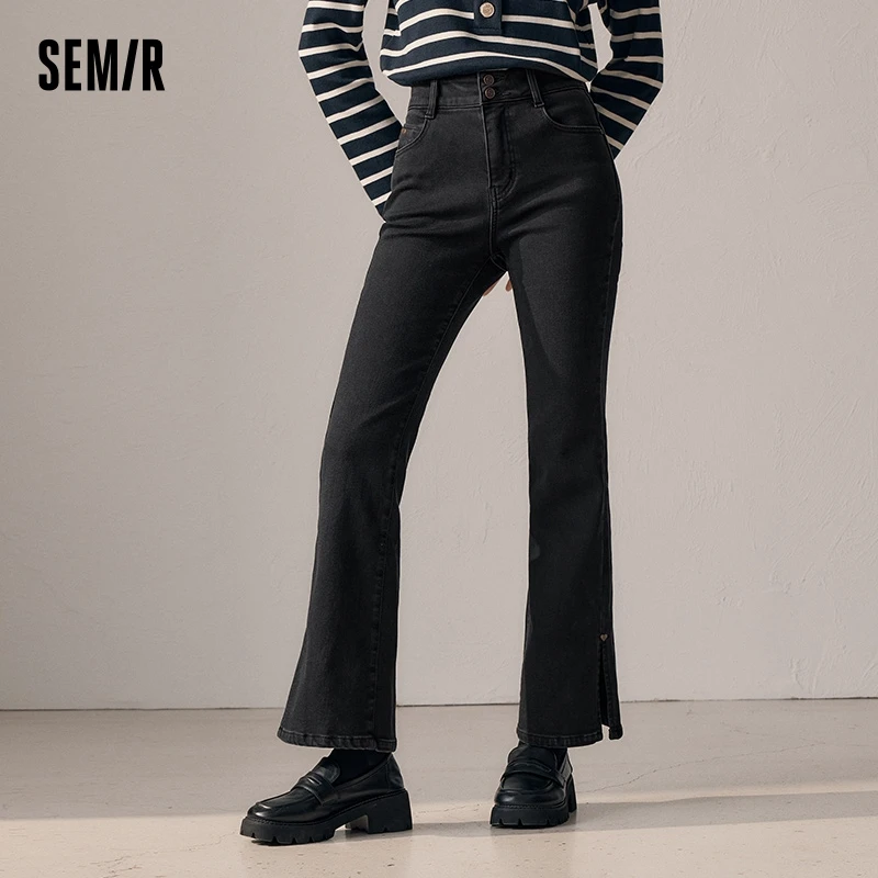 Semir Jeans Women High Waist Slit Flare Pants Leg-Lengthening 2024 New Winter Hong Kong Style Frayed Slimming Denim Trousers