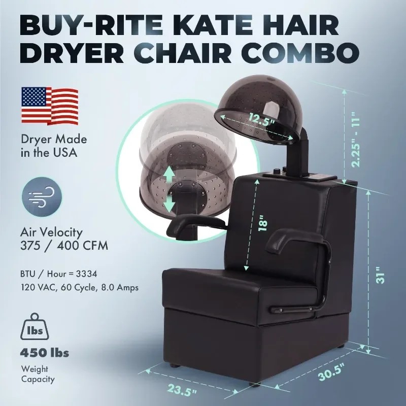 Buy-Rite Kate Professional Hair Dryer and Chair Combo – Commercial Salon Dryer with 980 Watt Hood and Wood Frame Chair