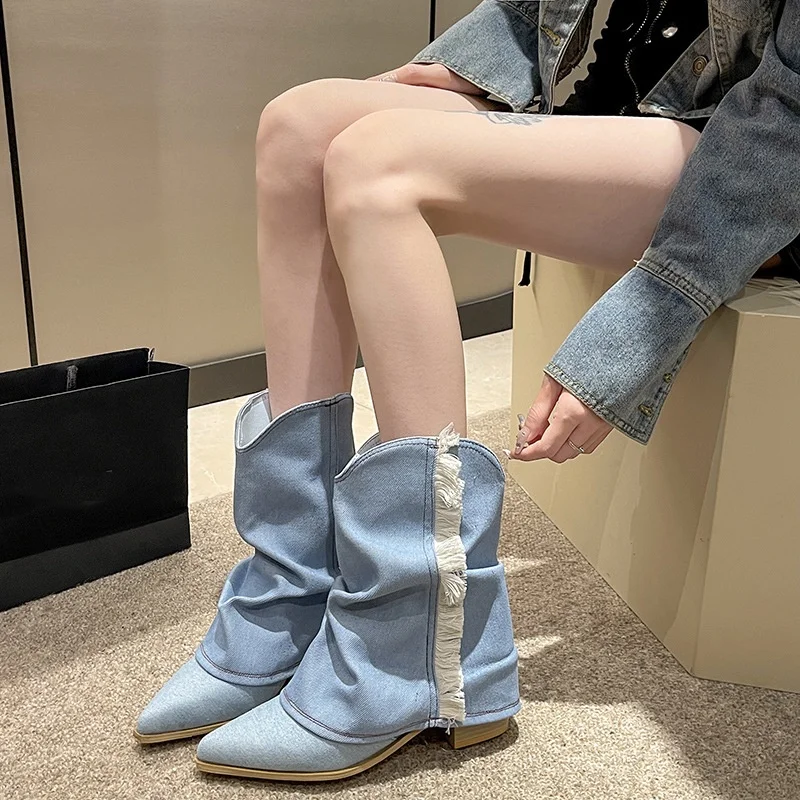 

Fringe Western Botas Vaqueras Mujer Blue Denim Pant Leg Short Boots For Women Pointed Toe Chunky High Heels Ethnic Style Shoes