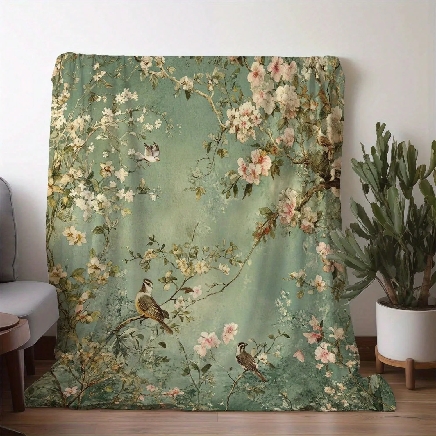 Vintage Floral Bird Flannel Blanket, Green Botanical Print Soft Throw, Nature-Inspired Home Decor for Bedroom & Living Room