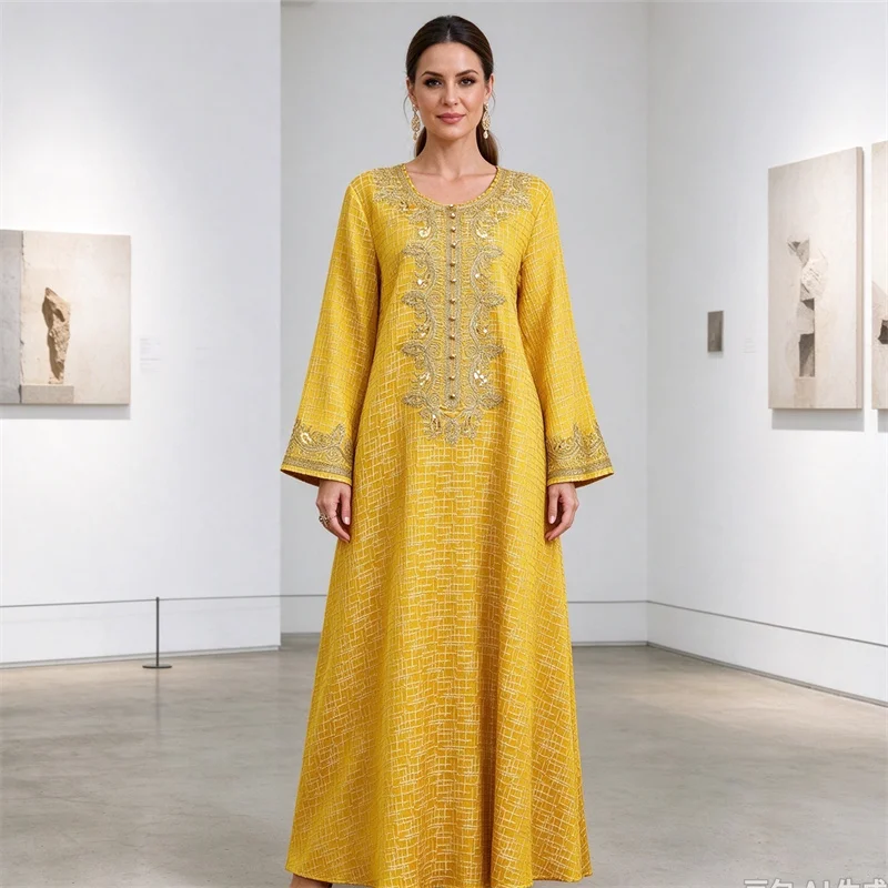 Ramadan Women Embroidered Long Dress Ethnic Jacquard Muslim Abaya Dubai Kaftan Caftan Femme Robe Eid Islam Jalabiya Gown Abayas