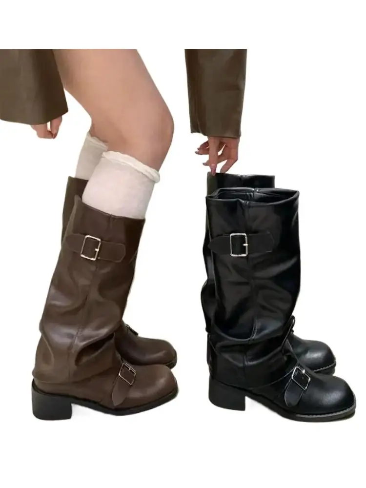 Femme bottes genou haute plate-forme talons épais tendance Punk gothique New Rock cuir mode chaussures pour femmes chaussures de moto
