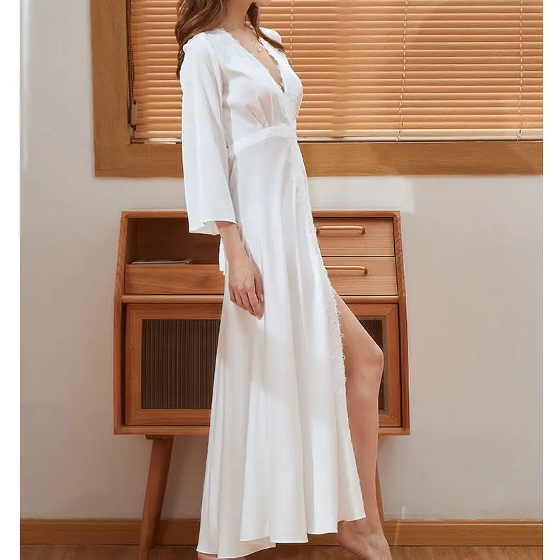 Female Rayon Long Kimono Bathrobe  Backless Lace Bride Wedding Robes Gown Marriage V-Neck Nightgown Sleepwear French Vestidos