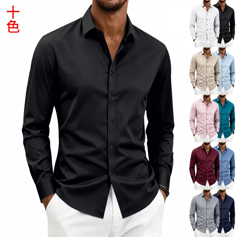 

Men's Solid Color Slim Fit Long Sleeve Dress Shirt Stretch Wrinkle Resistant Formal Business Office Casual Daily Wear Tops