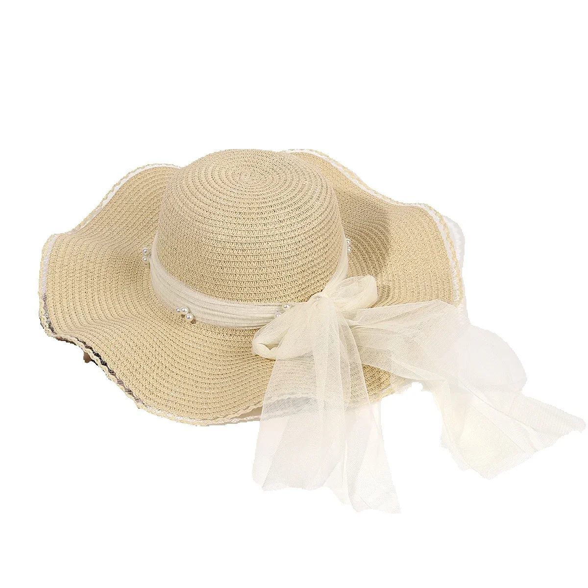 

Summer Wave Big Brim Beach Hat Women's Pearl Mesh Straw Beige Sun Hat Tide Sun Protection Sun Shade Straw Hat Women