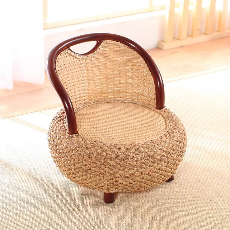 Vine back chair, short balcony, living room, household small stool, solid wood chair, single person mini rattan chair, Japanese