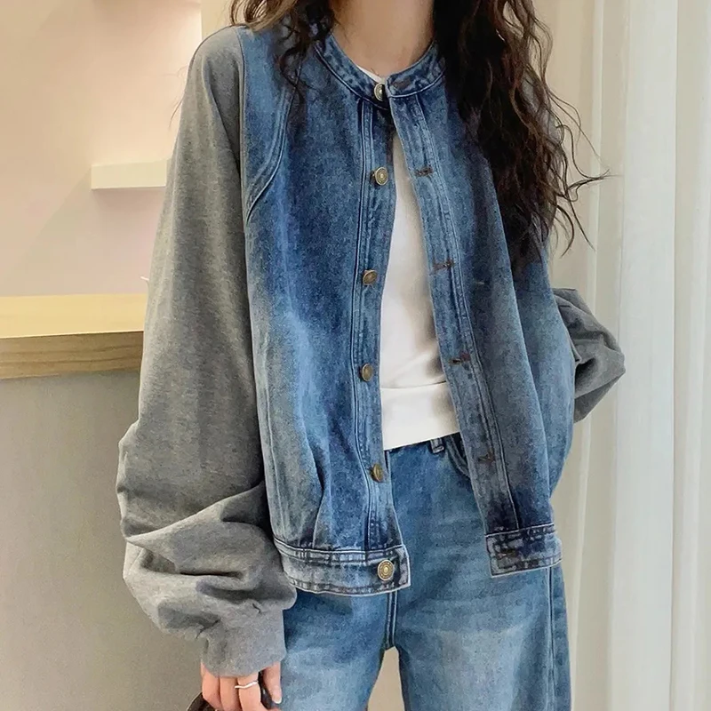 

Patchwork Denim Jacket Women O Neck Loose Casual Classic Coat Long Sleeve Single Breasted Rockabilly Baseball Jacke