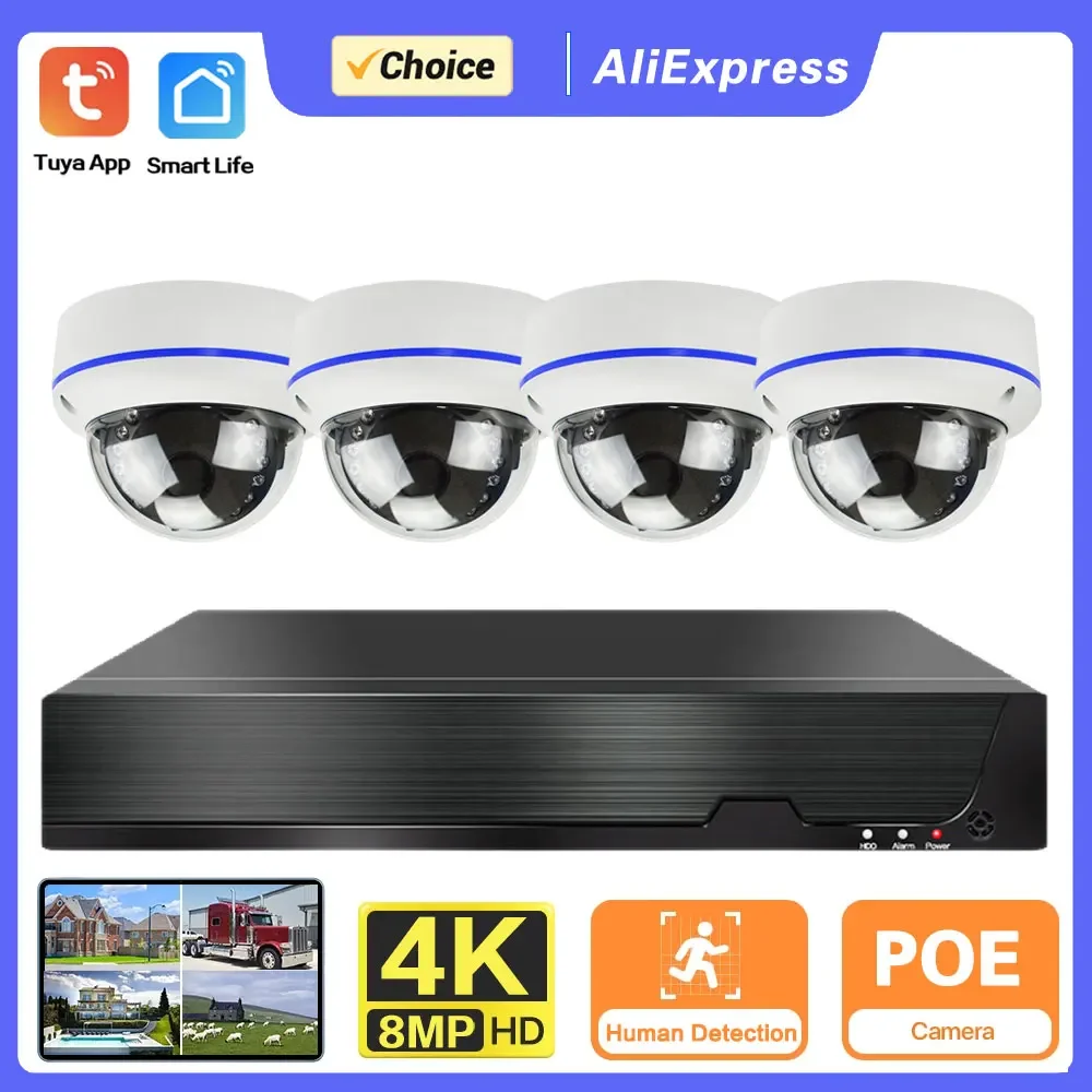 

Умная система видеонаблюдения Tuya: комплект NVR 4CH 8MP POE с 4K POE IP-камерами для улицы, водонепроницаемые, с обнаружением движения, H.265, система CCTV