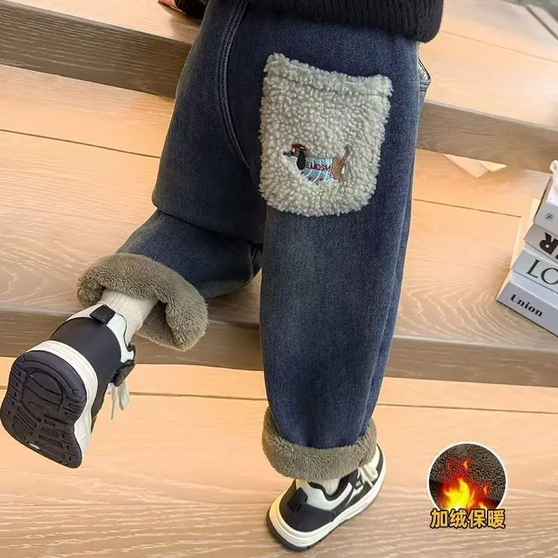 Children's Velvet Jeans New Girl's Loose Casual Pants Winter Girl's Alpaca Velvet Thick Pants 90-140cm