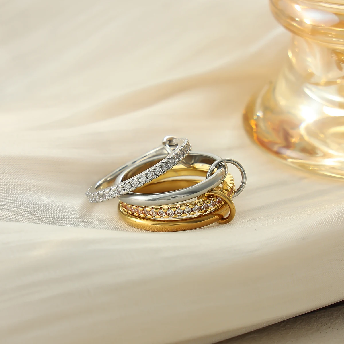 KunJoe Exquisite 18K Gold Plated Stainless Steel Ring for Women Fashion Luxury Cubic Zirconia Stackable Finger Ring Jewelry Gift