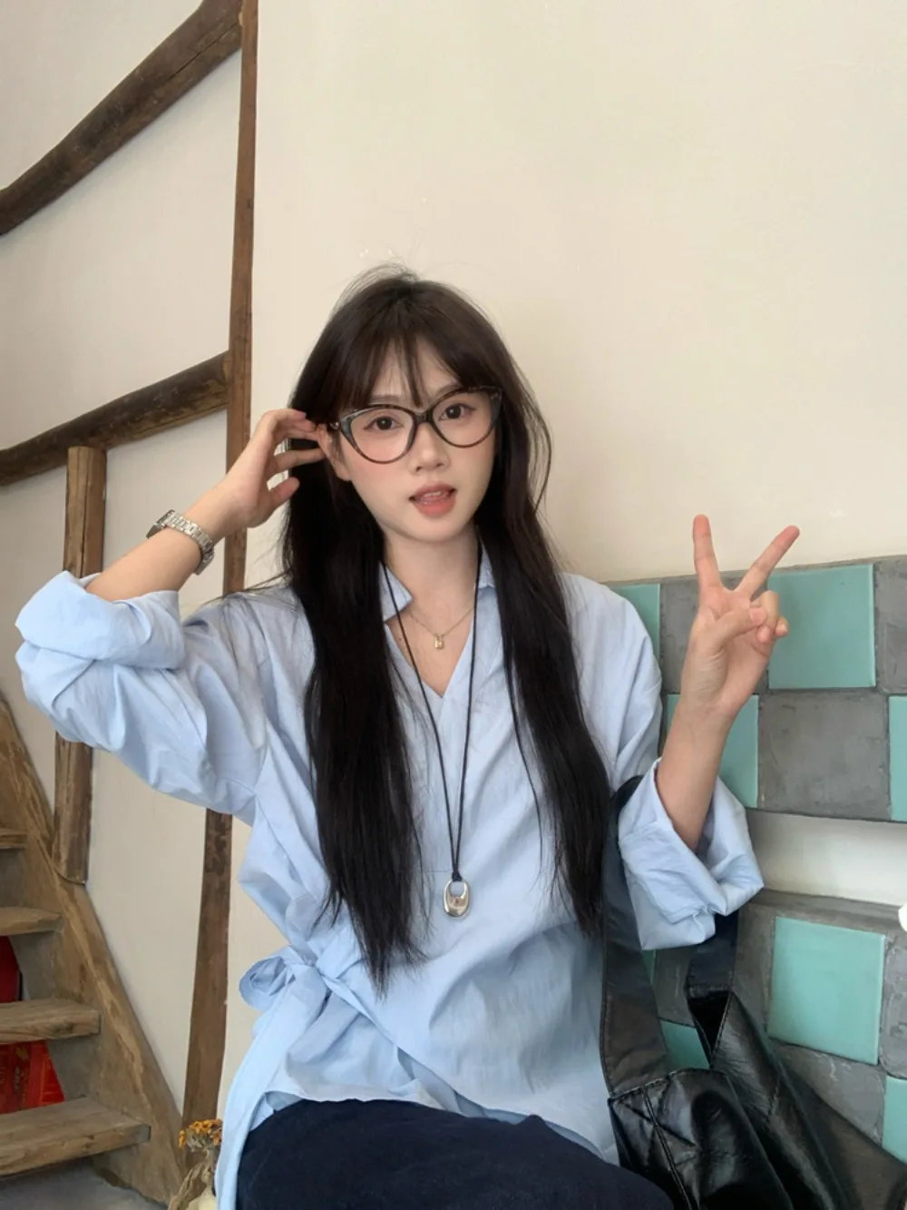 

Deconstructed Blue Shirt Women Asymmetric Lacing Detail Oversized Fit Fall Effortless Chic Soft Minimalism Tailored WaistDefiner