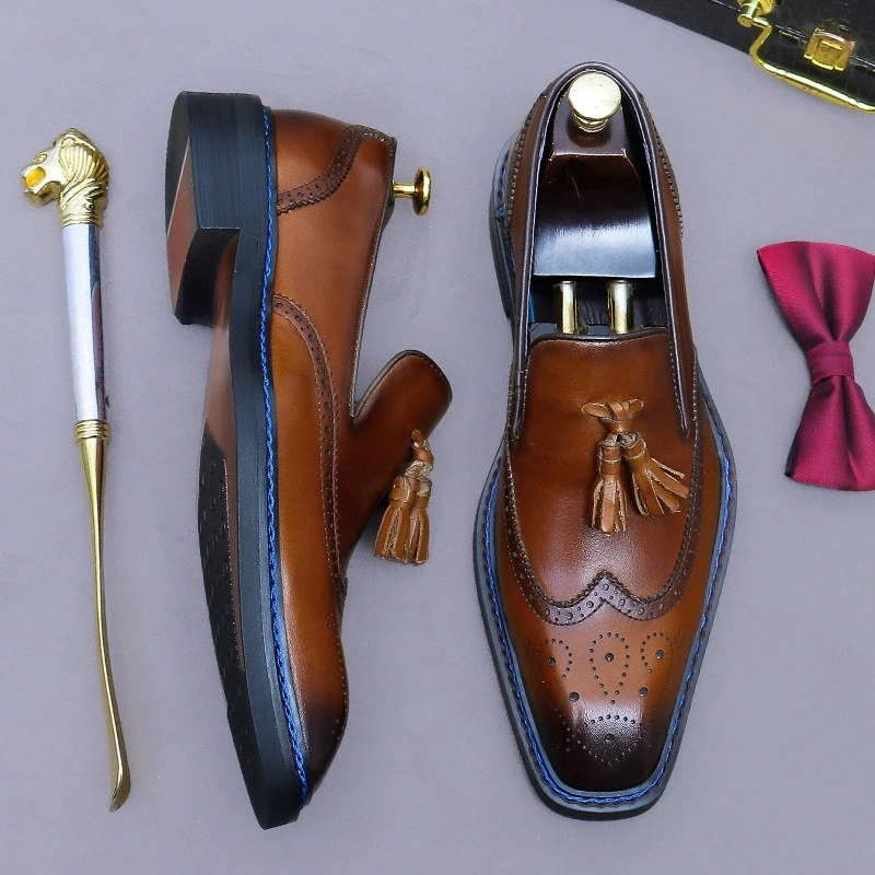 

Design Brand Men Genuine leather Shoes Moccasins Men's Tassel Loafers Vintage Slip-on Casual Men Social Dress Shoe