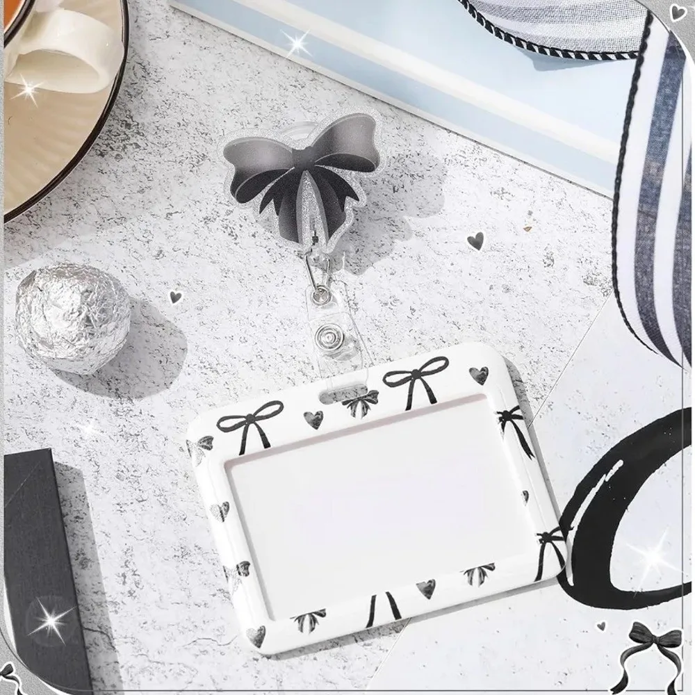 Cute Bow Print ID Badge Holder 360° Rotating ABS Name Tag Holder Horizontal Retractable Card Holder School Office Supplies