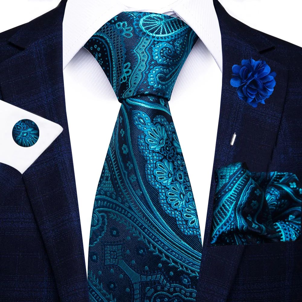Wholesale Fashion 8 CM Blue Paisley Tie Pocket Squares Cufflink Pin Set Man Office Suit Accessories Wedding Gift Fit Party