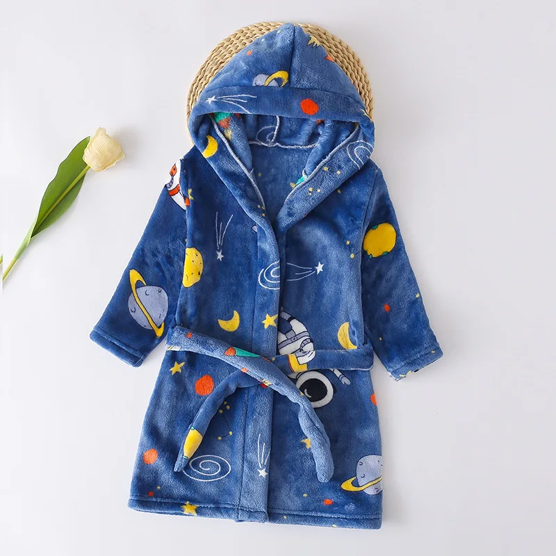 Thickened Warm Flannel Children's Bathrobe Boy Robe Homewear Cartoon Hooded Girls Pajamas Long-Sleeved Nightwear Kids Sleepwear