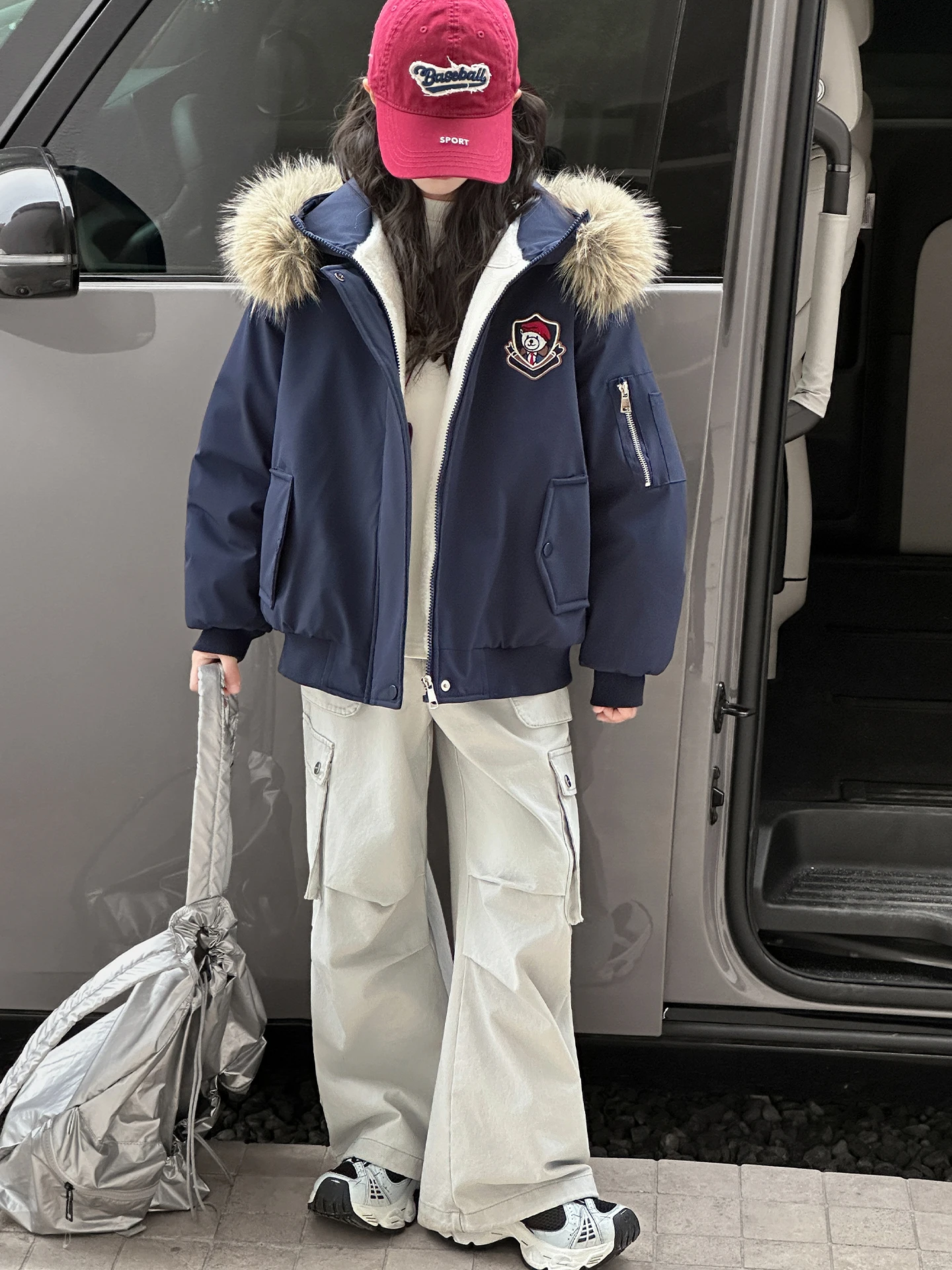 

Girls' Fce Lined Parka Coat Thiened Casual Cotton Jaet Autumn Winter Wear Korean Sle Hooded Zipper Closure Long Sve