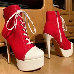 Onlymaker Women Canvas Platform Lace Up stivaletti alla caviglia 16cm tacco alto cerniera laterale Plus Size Fashion Sexy stivaletti a spillo