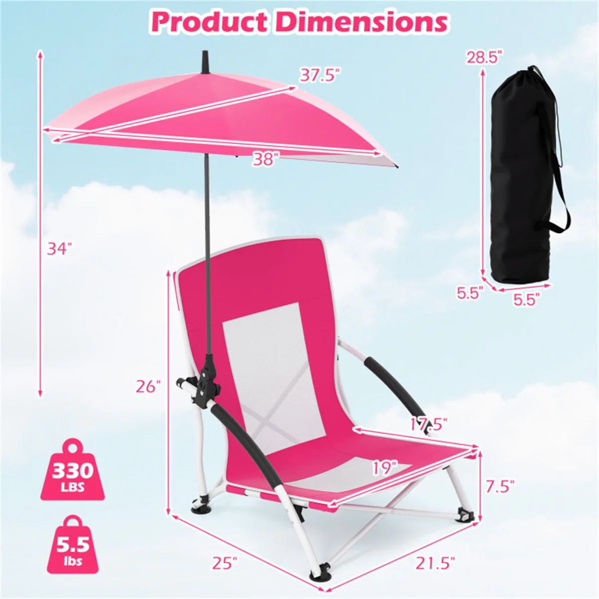 2 Pack Pink Umbrella Chair for Adults with Adjustable Parasol,Portable Backpack Beach Chair