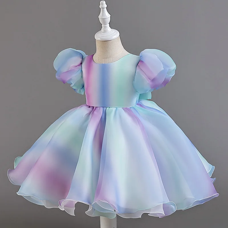 Children\'s colorful highlights dress dress mesh short puffed sleeves Princess style sweet evening dress performance # M137