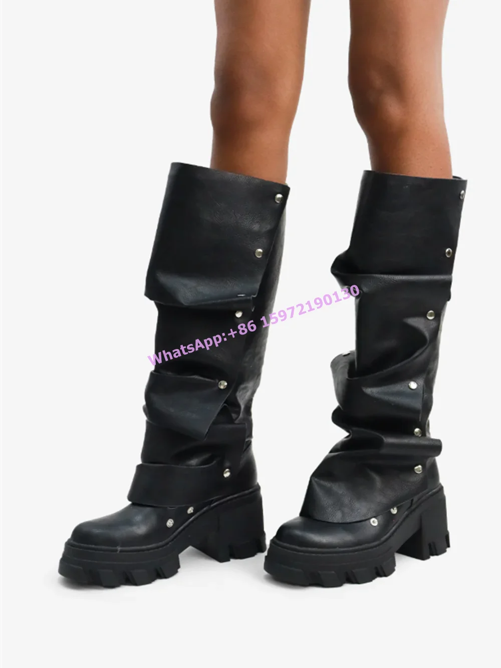 

Pleated Button Knee High Boots Turn Over Edges Platform Thick Soled Solid Knight Boots Round Toe Runway Women's Winter Shoes