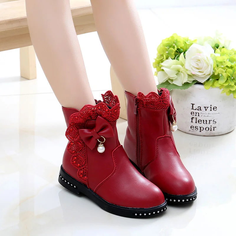 Autumn/Winter ZIP Fashion Cool Baby Girls Warm Lace Bow Beaded Square Heel Round Toe Casual Comfortable Kids Mid Boots