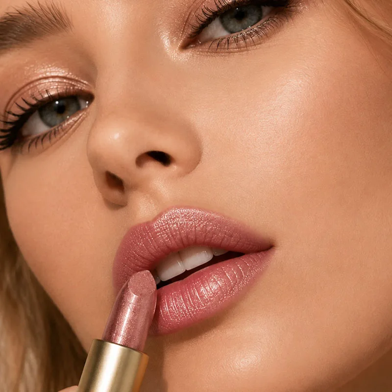 Shimmer Rose Pink Lipstick Glitter Glossy Metallic Color Long Lasting Moisturizing Nude Makeup Non Stick Cup Gold Tube Women