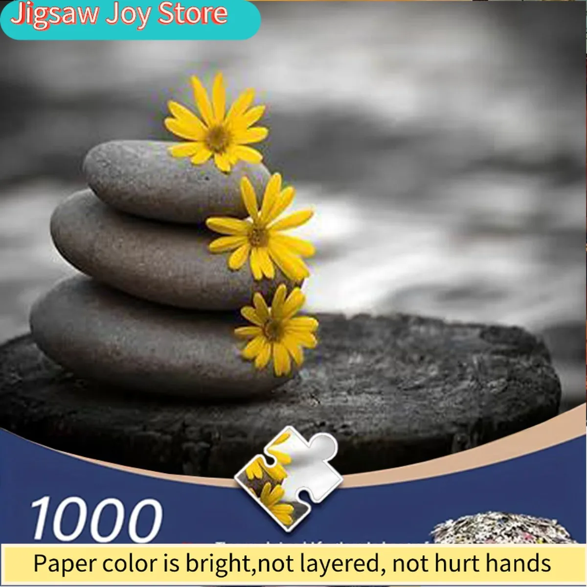 1000pcs Adult Jigsaw Puzzle - Gray Stones & Yellow Flowers Tree Stump Nature Scene, Challenging 1000pcs cutout-style pieces fo