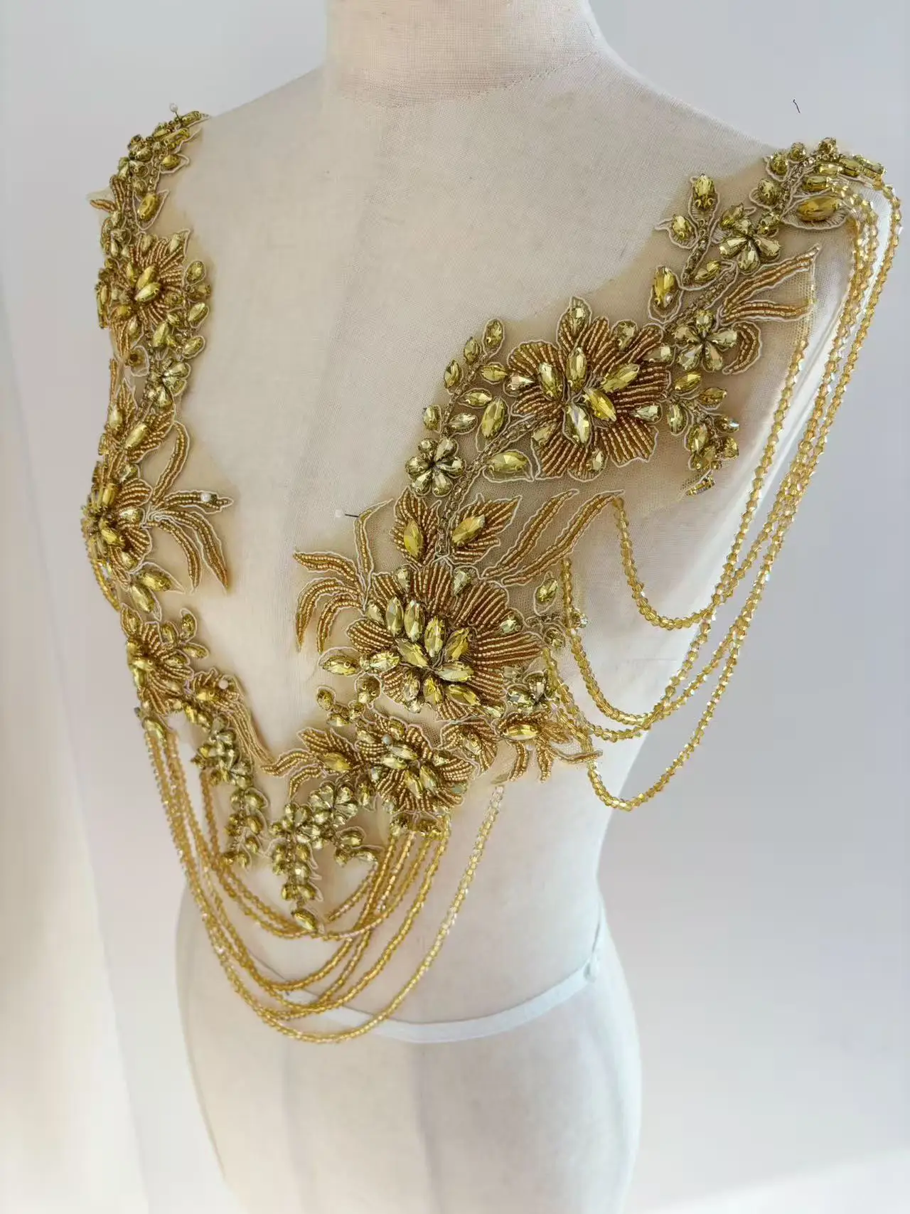 

1 Piece Gold Fringe Rhinestone Chains Patch Crystal Stones Applique for Wedding Dress,Dance Costume,Sparkling Cape Shoulder