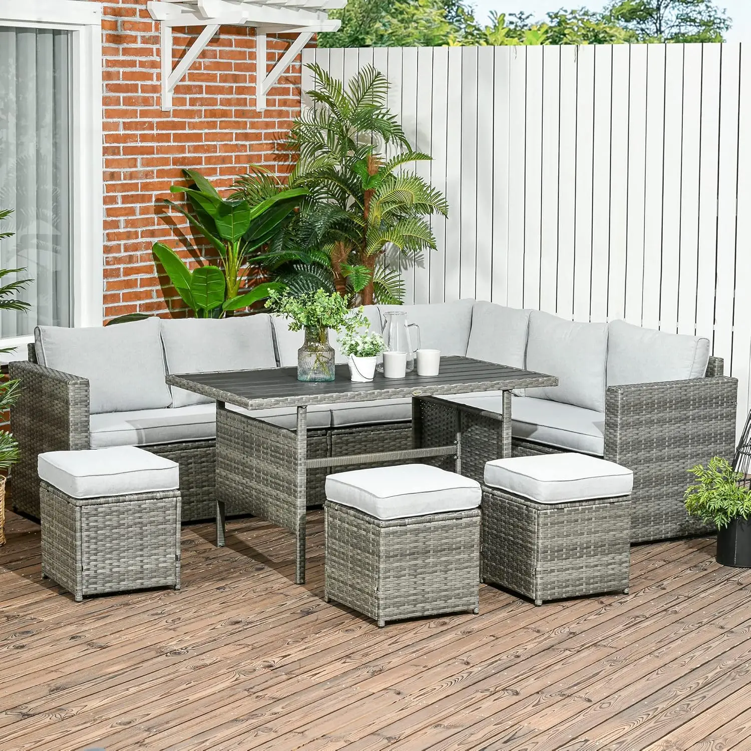 

Rattan Outdoor Patio Furniture Set, Sectional Sofa Conversation Set with Loveseats, Ottomans, Dining Table, Cushions, Storage