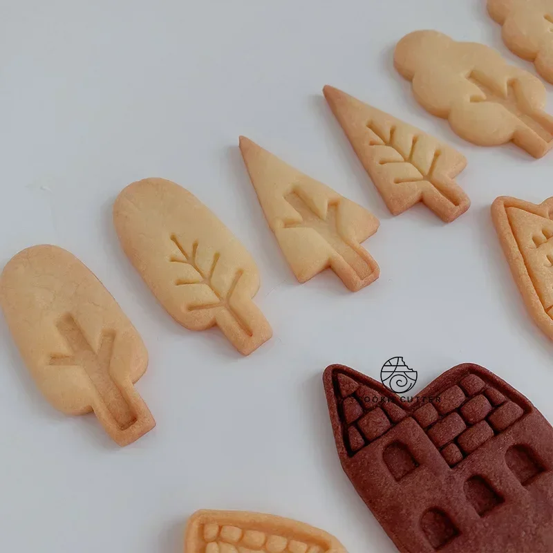 3D Cartoon House Cookie Stamp Mold Forest Tree DIY Baking Tools Cookie Cutter Fondant Biscuit Cake Decorating Mould Cookie Tools