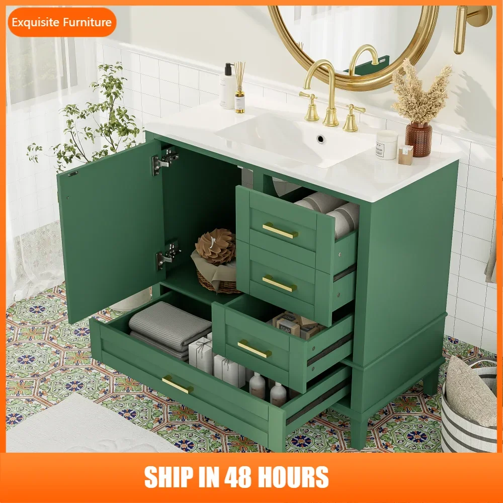

36" Green Bathroom Vanity with Solid Pine Frame, 1 Soft Close Door and 3 Drawers , Modern Storage Cabinet