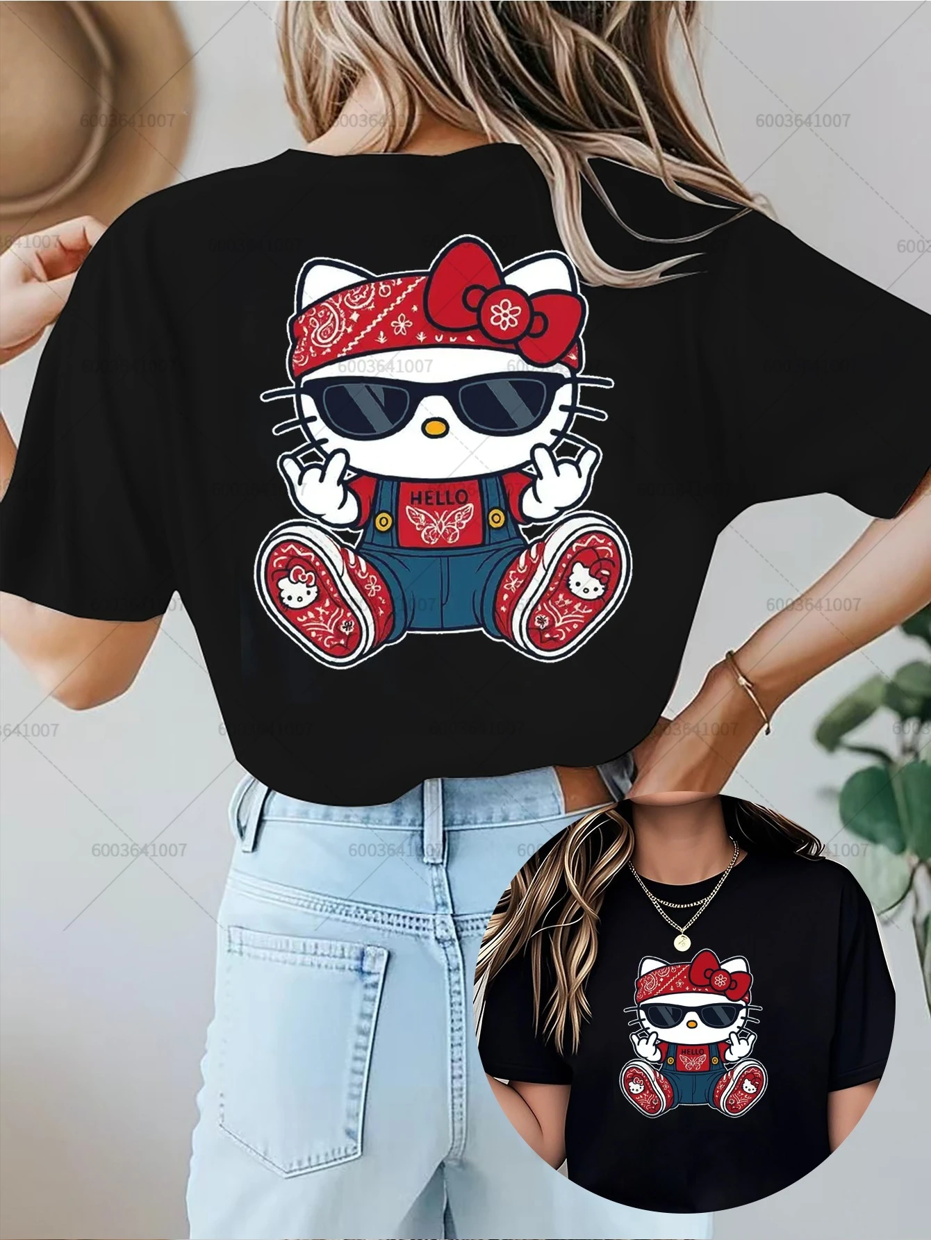 여성 패션 산리오 헬로 키티 티셔츠 커플 남성 코튼 오넥 티셔츠 오버사이즈 캐주얼 선물 여름 반팔 트렌드 스트리트웨어