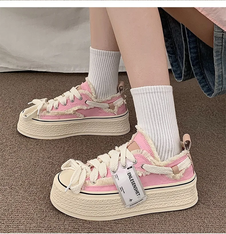 

Woman thick sole frayed laced new chic sneakers gothic shoes platform tennis sneakers women's pink canvas shoes chunky trainers