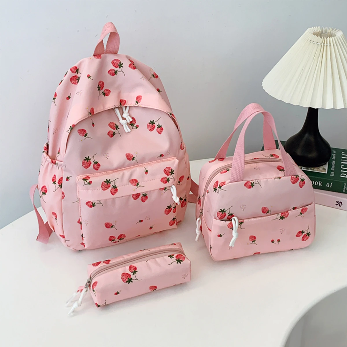 Cute Strawberry Pattern Backpack Set 3Pcs Handbag&pencil Case Reinforced Nylon Dual Zipper School Essentials Lightweight Commute