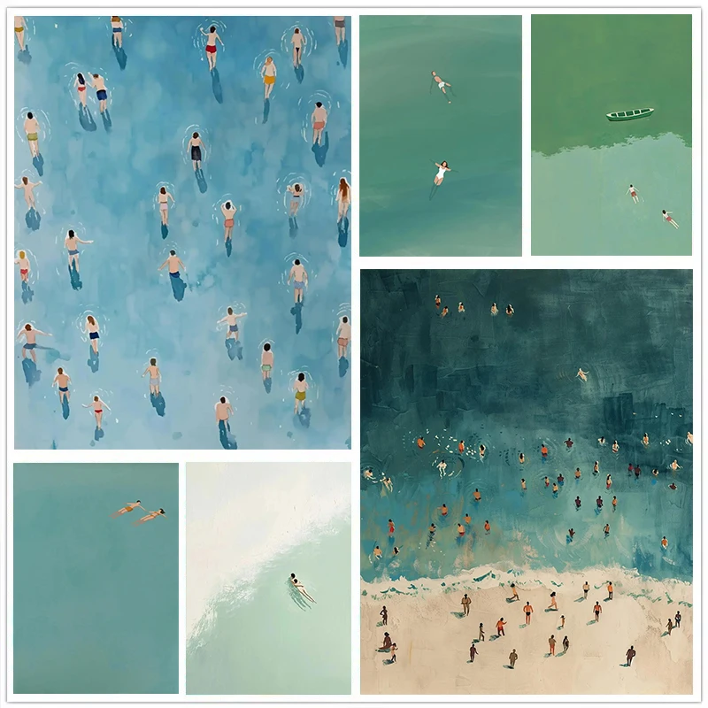 Minimalist Abstract Light Green Seawater Swimming Art Poster Nordic Summer Canvas Printing Living Room Bedroom Home Decoration