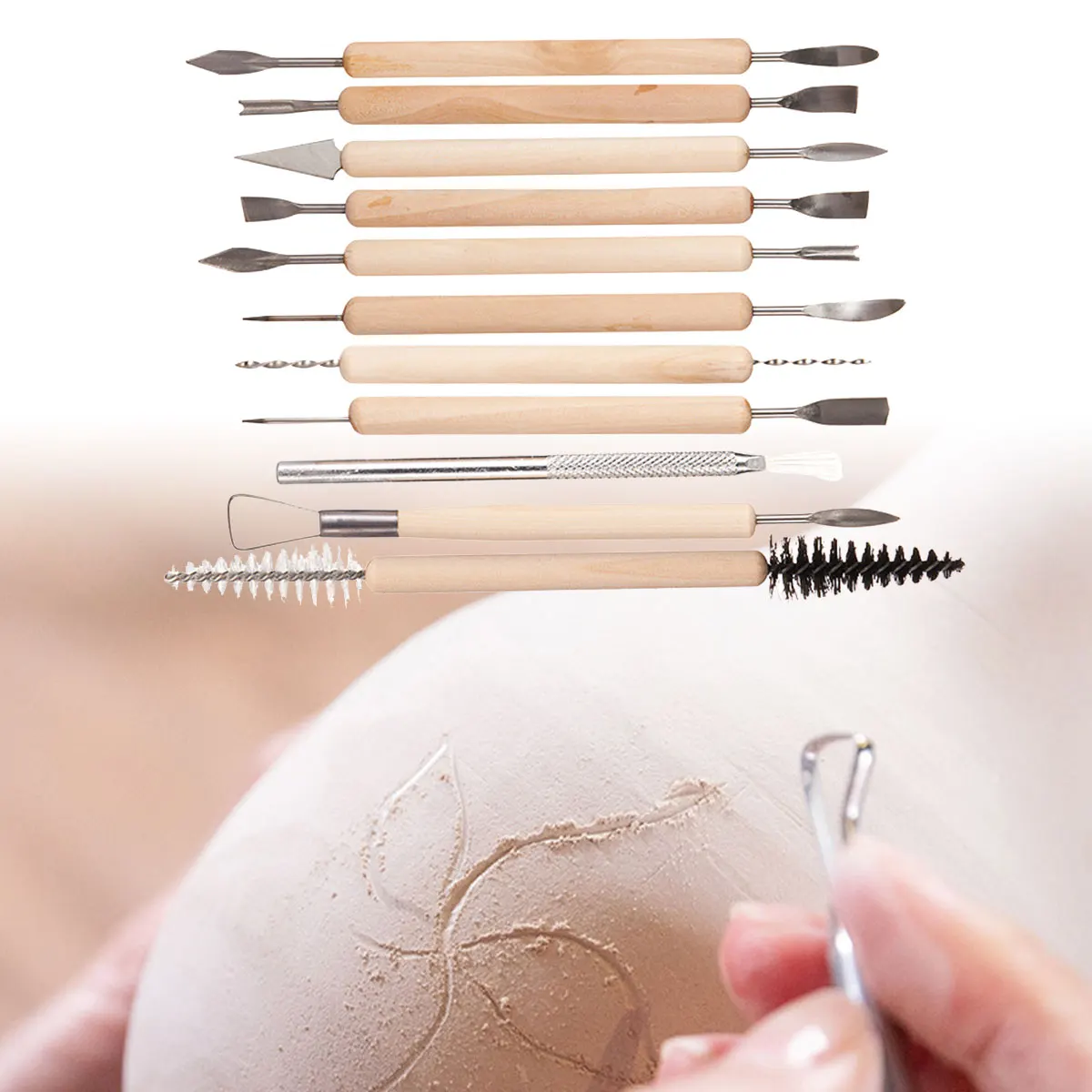 11PcsCreative Soft Clay Sculpture Pottery Tool DIY Handmade Carving Knife Set with Wooden Handle Ceramics Modeling Graving Tools