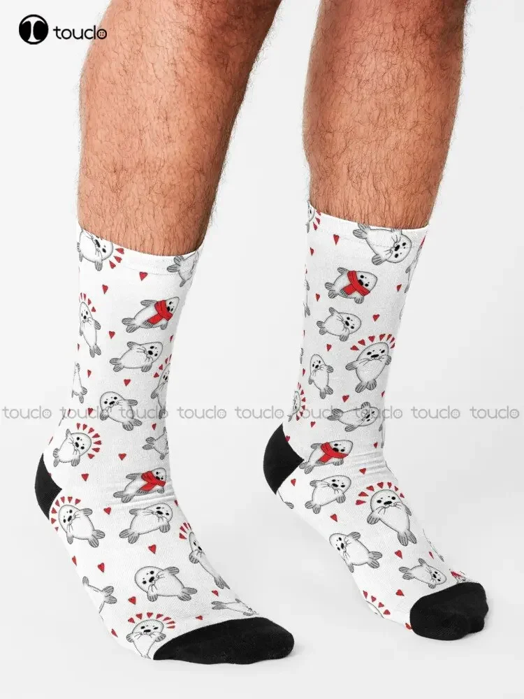Cute Christmas Baby Seal Pups Pattern Socks Usa Socks Personalized Custom Unisex Adult Teen Youth Socks 360° Digital Print