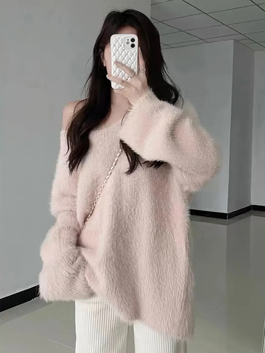 Pullovers Women Pink V-neck Autumn Winter Long Sweater Loose Knitting Daily Aesthetic Solid Simple 90\'s Casual Clothing Tender