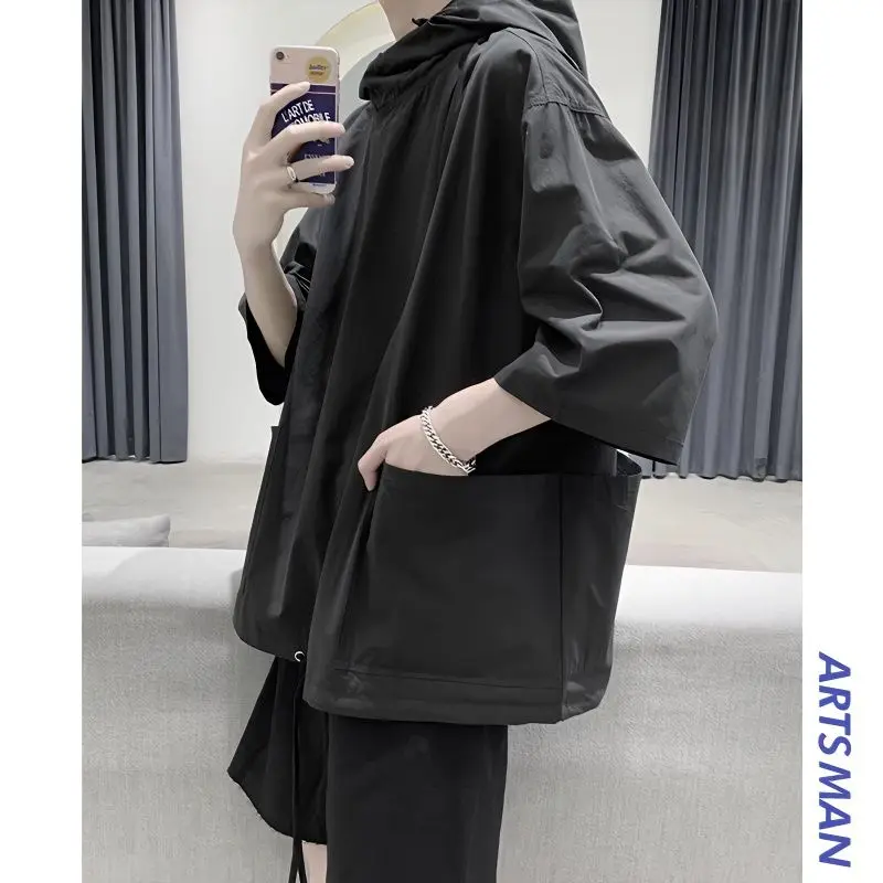 Men's Harajuku All-match Youth Tops Tees Summer New Pockets Patchwork Loose Solid Color T Shirts Korean Fashion Men Clothing