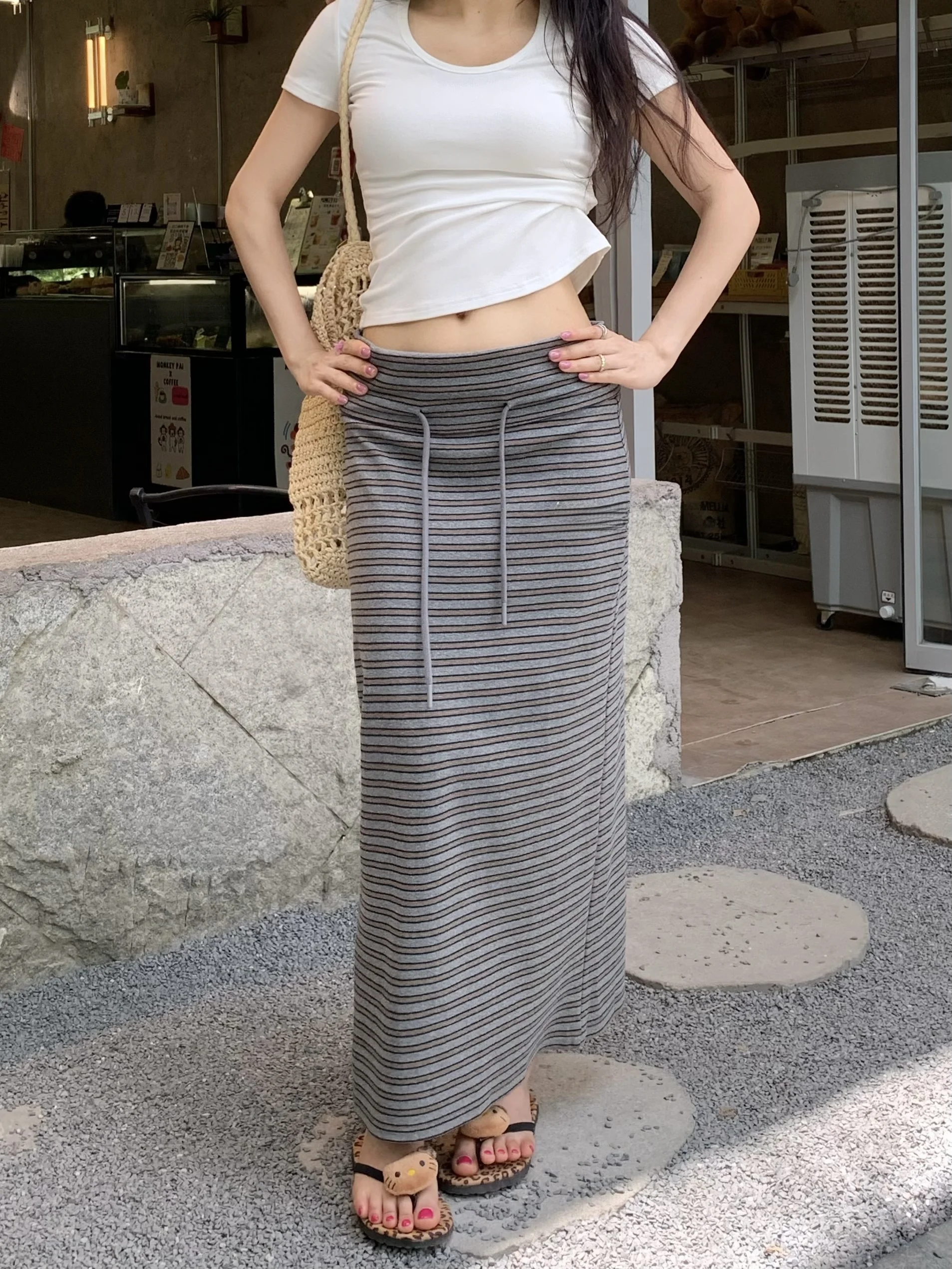 

Kumikumi Grey Striped Drawstring Loose A-Line Midi Skirt Women's Summer Slimming High Waist Half-length Girls Skirts