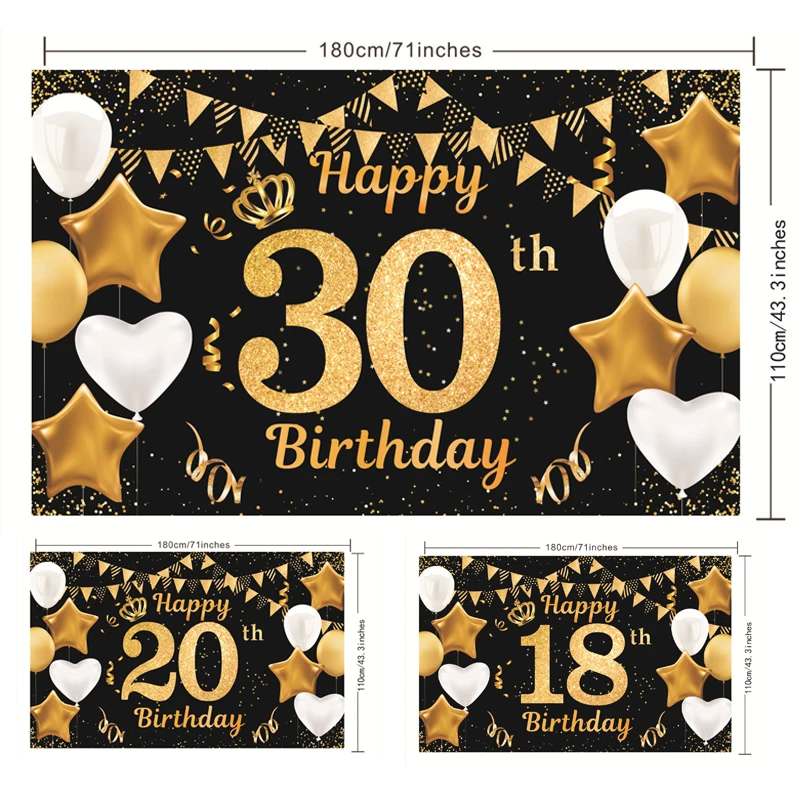 Golden Black Birthday Party Backdrop Glitter Photo Booth Background Banner Happy Birthday Party Decor Adult 20 30 40 50 60 70 80