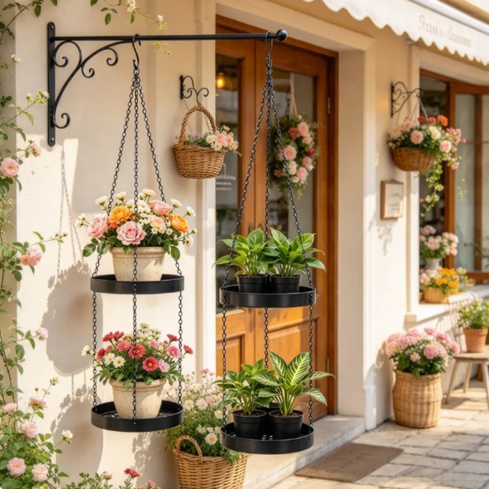 Hanging Double Layer Iron Plant Stand for Balcony Indoor Outdoor Vertical Flower Pot Rack Space Saving Metal Holder