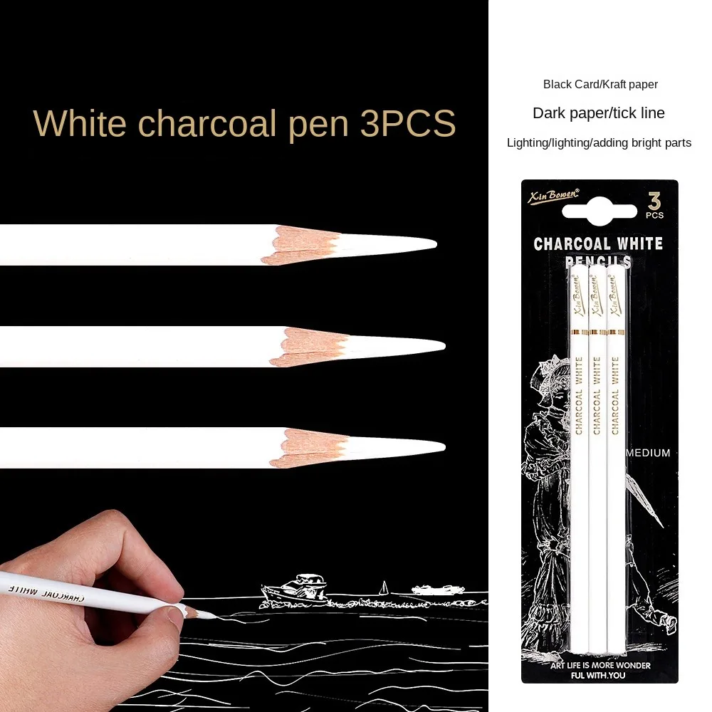 3Pcs Soft/Medium/Hard Charcoal Pencils Set Drawing Pencil Art Supplies Charcoal Pen Sketch Pencil Professional White/Black