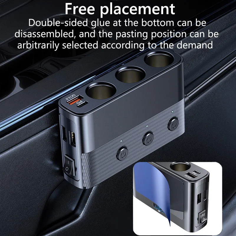 JaJaBor Car Cigarette Lighter Socket Splitter 7 Ports QC3.0 18W PD 30W Fast Charge Independent Switch 127W High Power Adapter