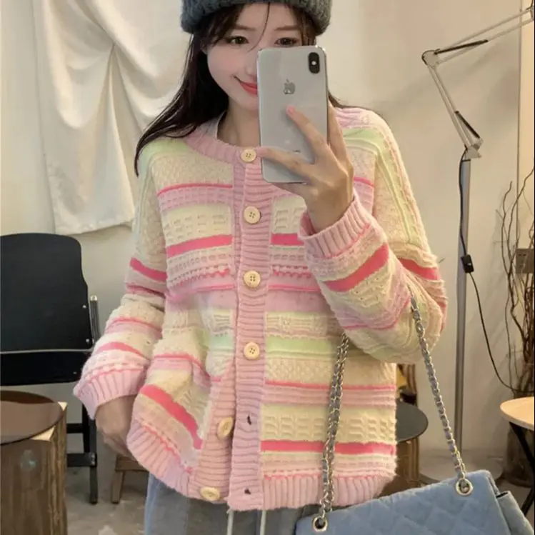 

Contrast Striped Knitted Cardigan Jacket Women 2024 Autumn Winter New Style Sweet Niche Design Loose And Slim Top