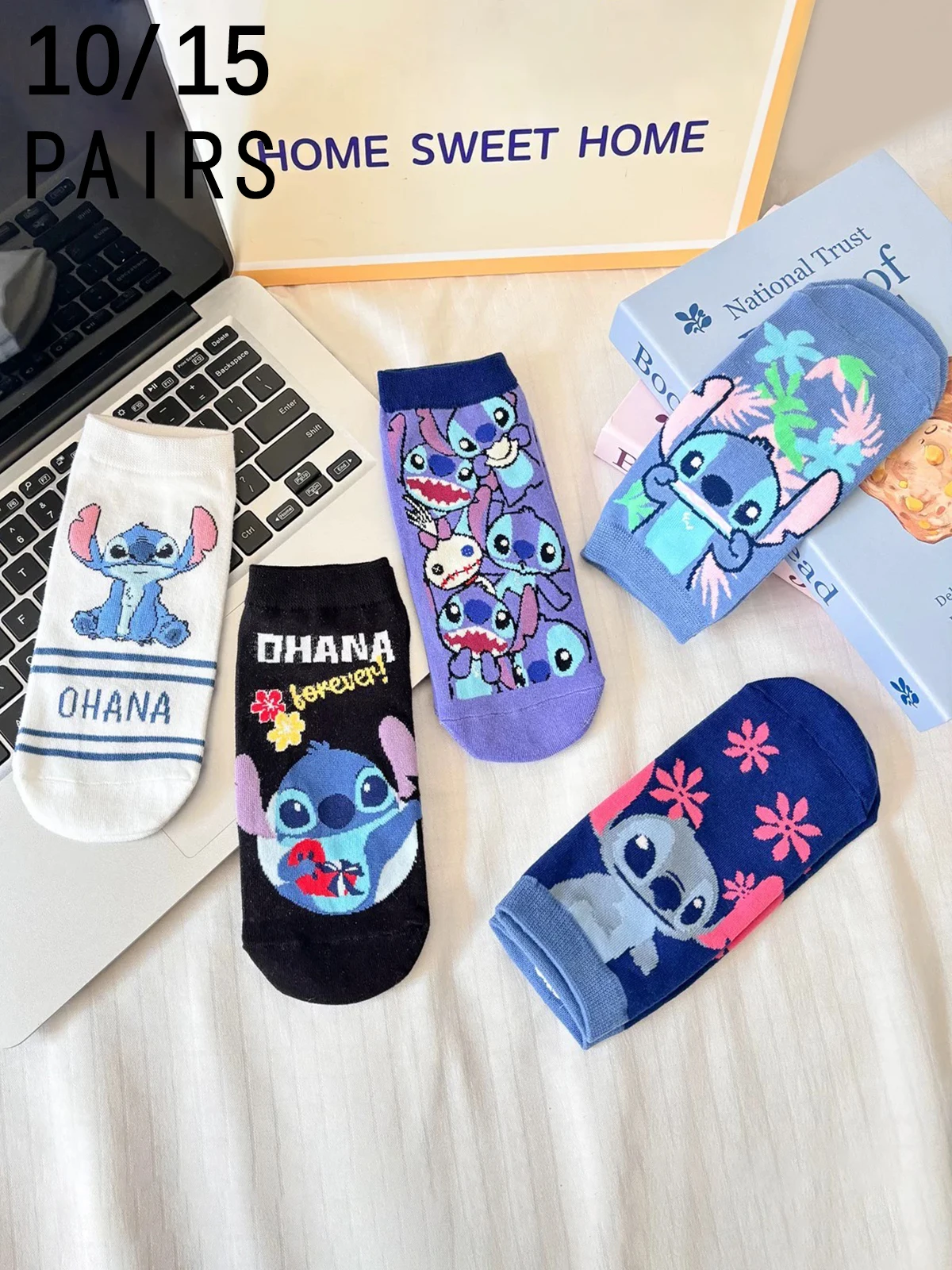 

10/15 Pairs Disney Cartoon Stitch Cute Casual Breathable Women's Short Socks Cartoon Print Ladies Socks