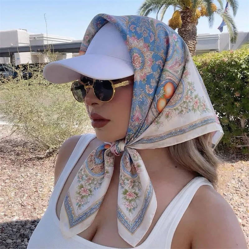 

2026 Satin Square Scarf Women Muslim Hijab Elegant Print Silk Neckerchief Shawl Wraps Headband Handle Hair Accessories Bandana
