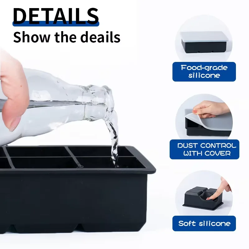 صينية مكعبات ثلج كبيرة من السيليكون قالب مكعبات ثلج سهلة الإصدار صينية ثلج ويسكي مع غطاء قالب ثلج مربع قابل للتكديس لعصير الكوكتيلات